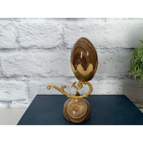 Marble Egg Gold-toned Stand Gold-Toned Spoon Matching Marble Stand Vtg - Picture 3 of 9